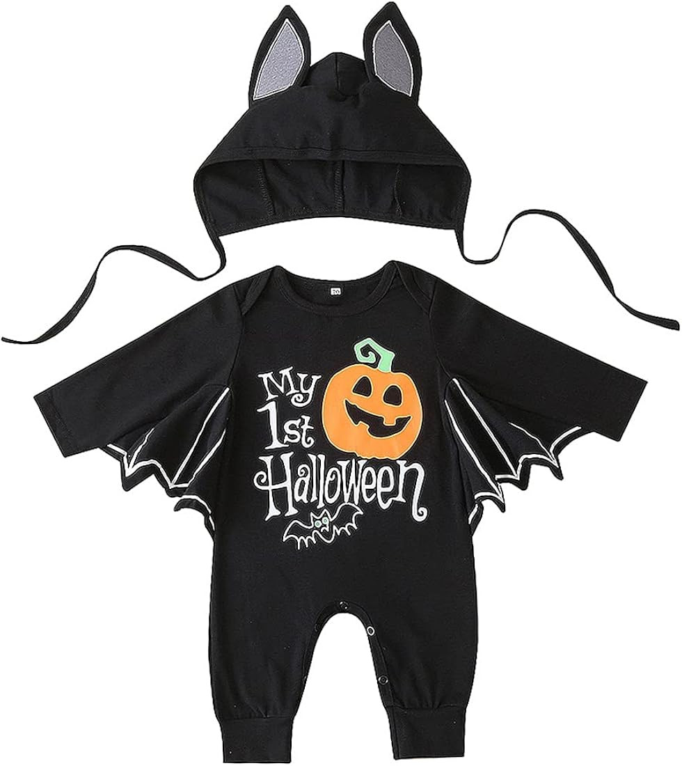 ROYLAMP Infant Baby Black Bat Romper Cloak Pumpkin My 1st Halloween Boy Girl Outfits Set With Ear Ha | Amazon (US)