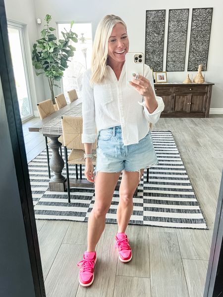 White button down shirt with my favorite jean shorts and bright Nike sneakers. Size 26 shorts and women’s 8 sneakers  

#LTKStyleTip #LTKShoeCrush #LTKSeasonal