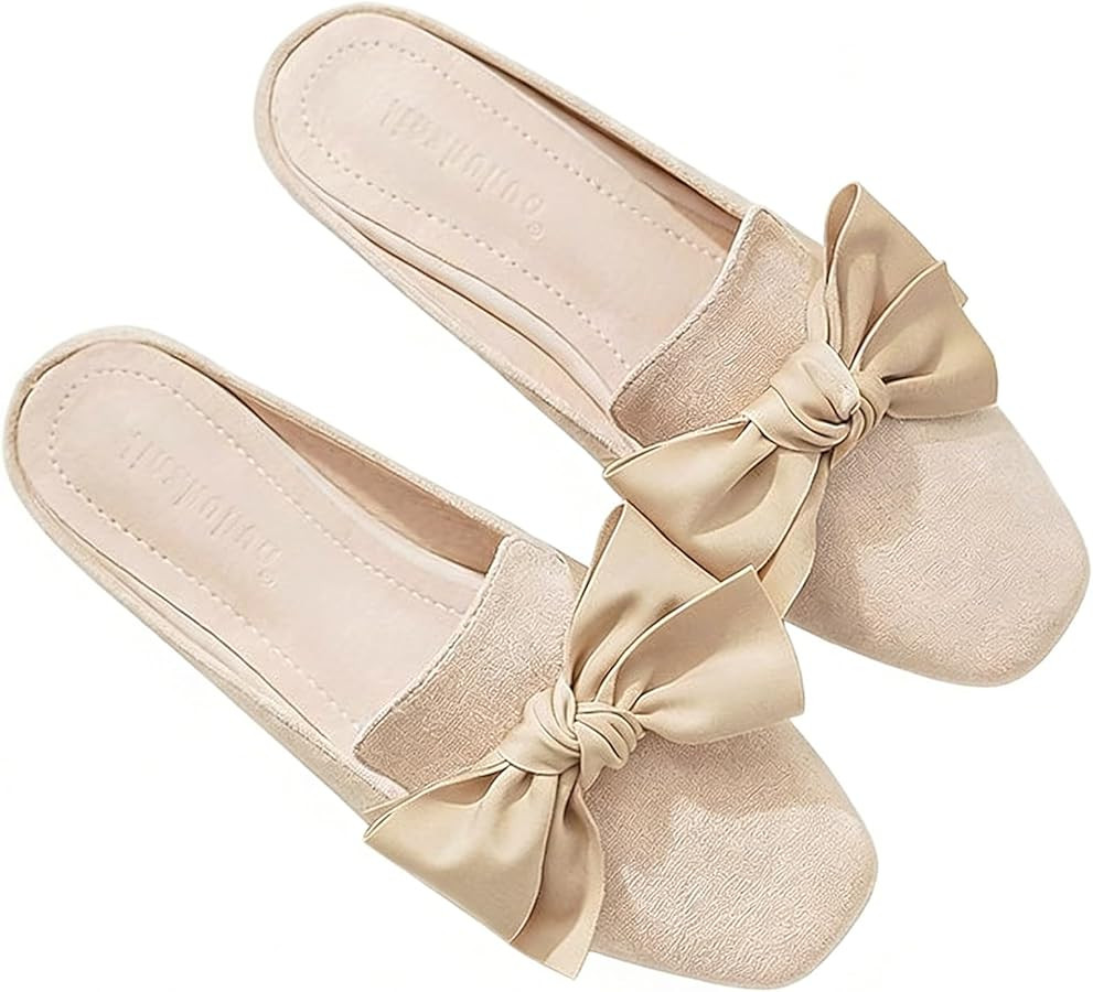 Women's Square Toe Bow Flat Mules Closed Toe Slip On Backless Loafers Slides Comfortable Casual W... | Amazon (US)