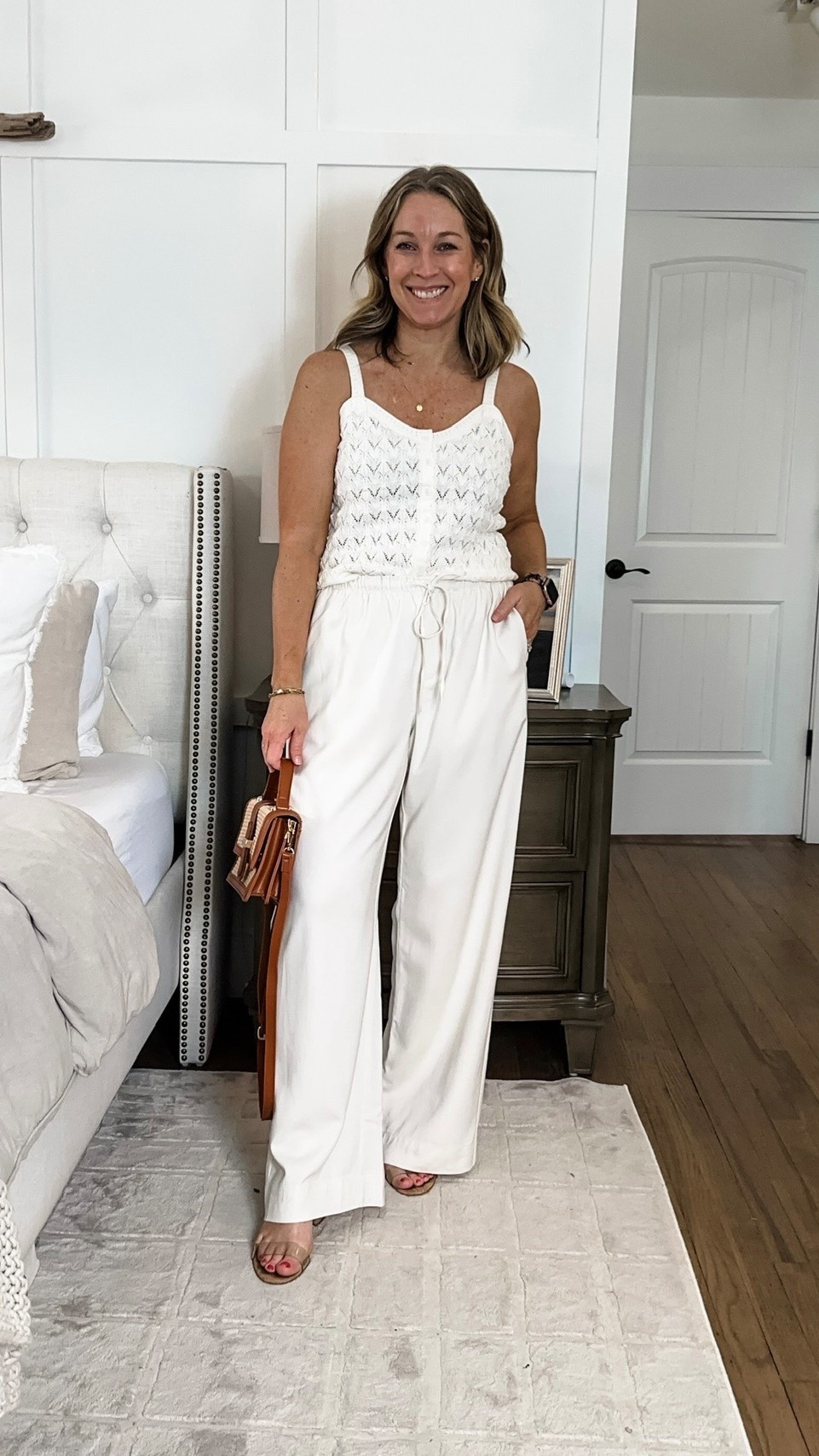 Medium tank and M regular pants  This tank is one of my favorites. So soft and flattering. The pants rival the look of the aritzia ones but def wrinkle more easily and have a creamier color. They’re still great, especially for the price! On sale now! 

#LTKOver40 #LTKMidsize #LTKSaleAlert