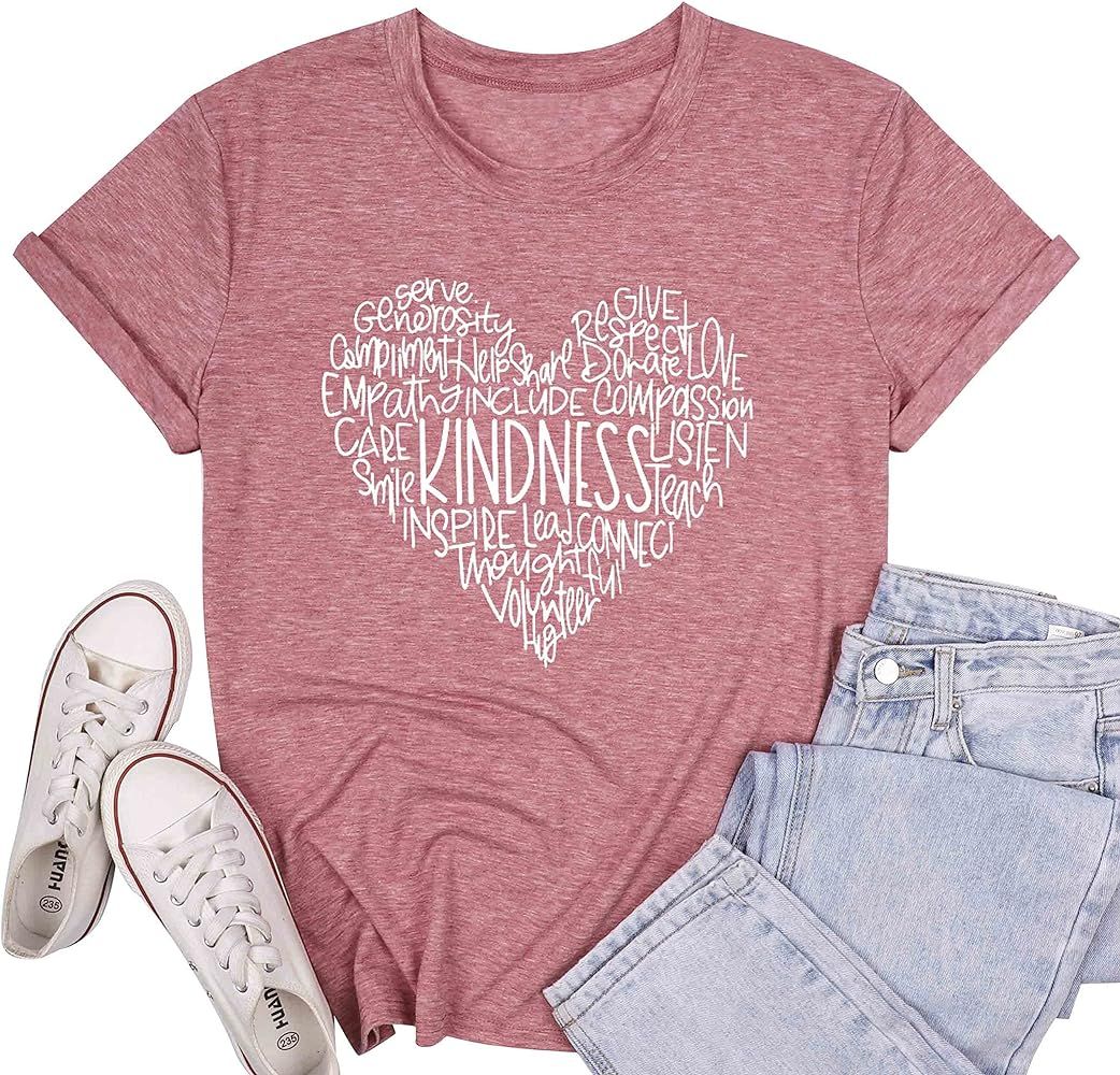 MOUSYA Womens Kindness Graphic T-Shirt Heart Print Inspirational Letter Shirt Casual Short Sleeve... | Amazon (US)