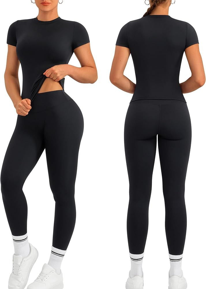 Relety Womens Two Piece Workout Sets Slim Fit Short Sleeve Shirt High Waist Leggings Yoga Outfits... | Amazon (US)