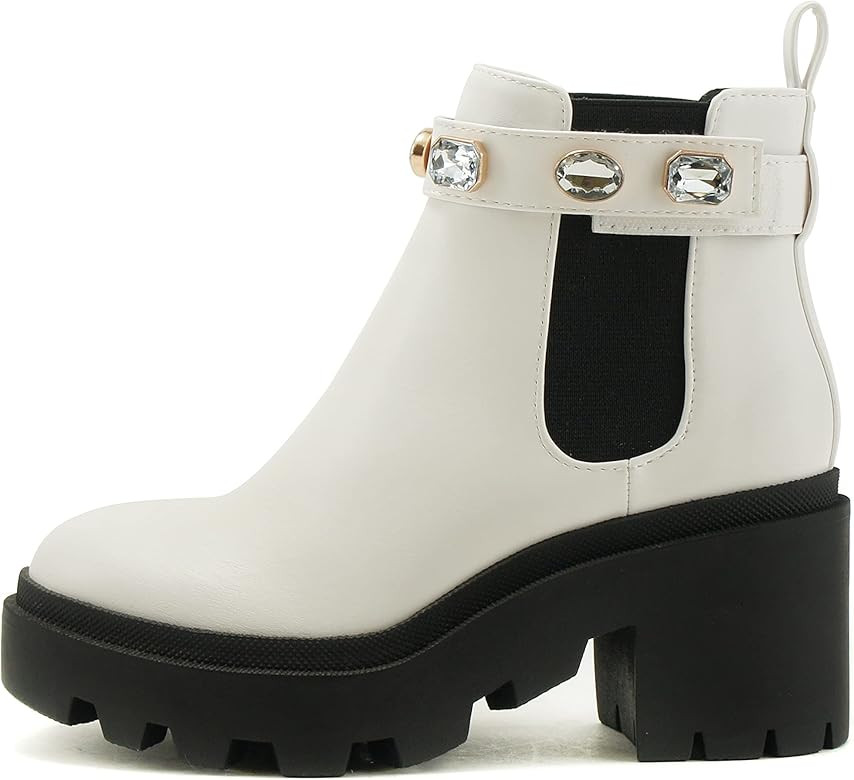 Soda PROFILE Women Lug Sole Mid Heel Chelsea Fashion Ankle Bootie w/Gleaming Studs | Amazon (US)
