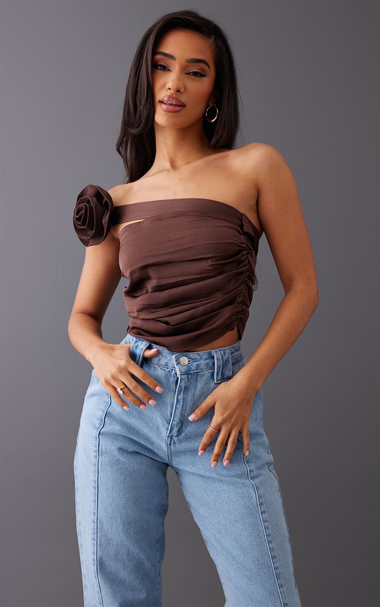 Petite Chocolate Satin Ruched One Shoulder Flower Crop Top | PrettyLittleThing UK
