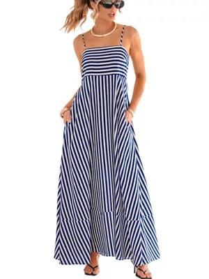 Cupshe Women's Striped Spaghetti Strap Maxi Tiered Dress, Blue, Large | Belk