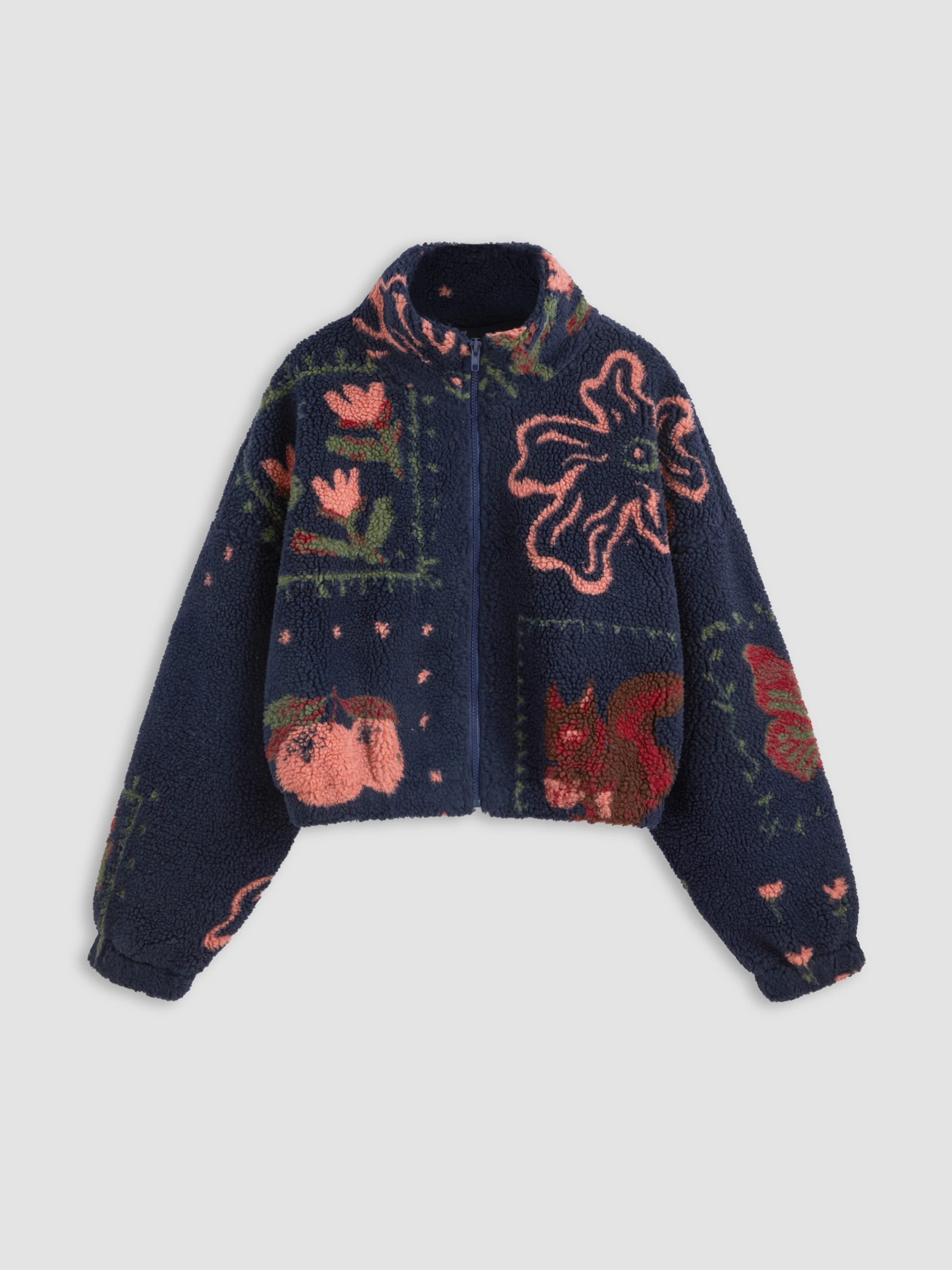 Fleece High Neck Graphic Zipper Jacket | Cider