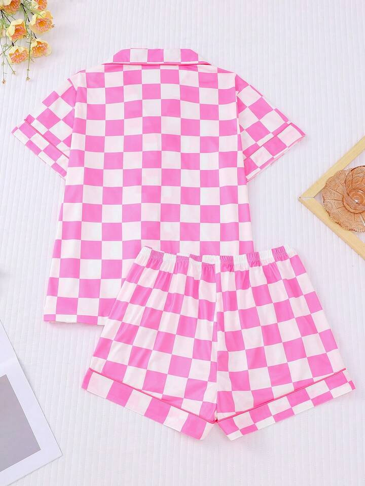 2pcs Set Women Spring Pink Checkerboard Textured Print Sleepwear Pajama Suit - Lightweight Short ... | SHEIN