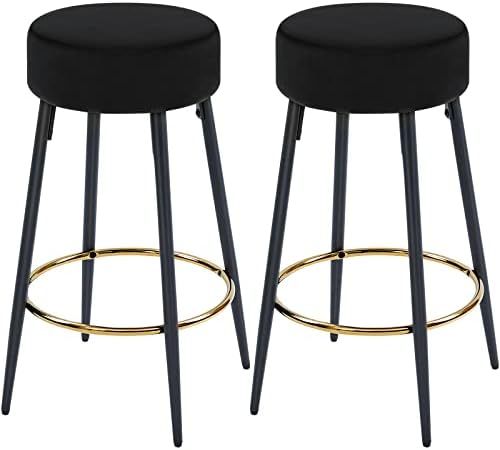 Amazon.com: Fefances Black Bar Stools Set of 2 Modern Round Velvet Bar Stools Kitchen Breakfast Roun | Amazon (US)