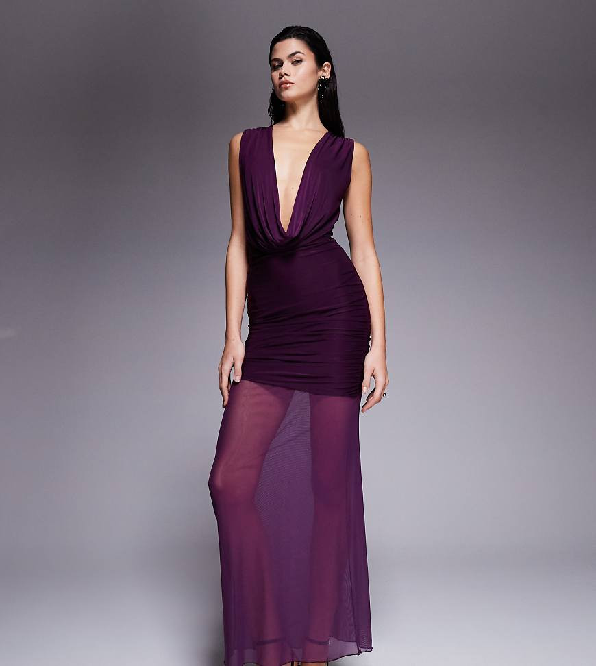 Kaiia exclusive double layered slinky extreme cowl sheer hem maxi dress in plum-Purple | ASOS (Global)
