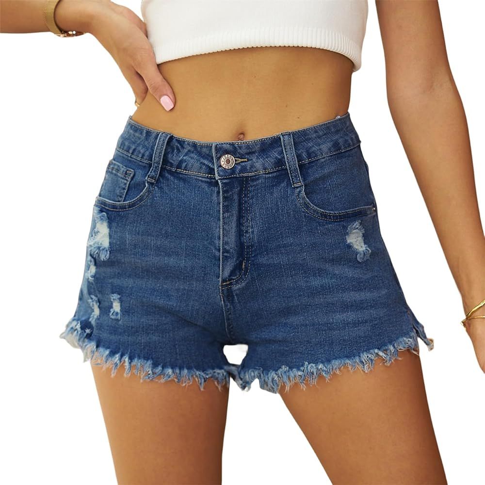 Jean Shorts for Women High Waisted Casual Summer Stretchy Denim Shorts Frayed Raw Hem Ripped Dist... | Amazon (US)