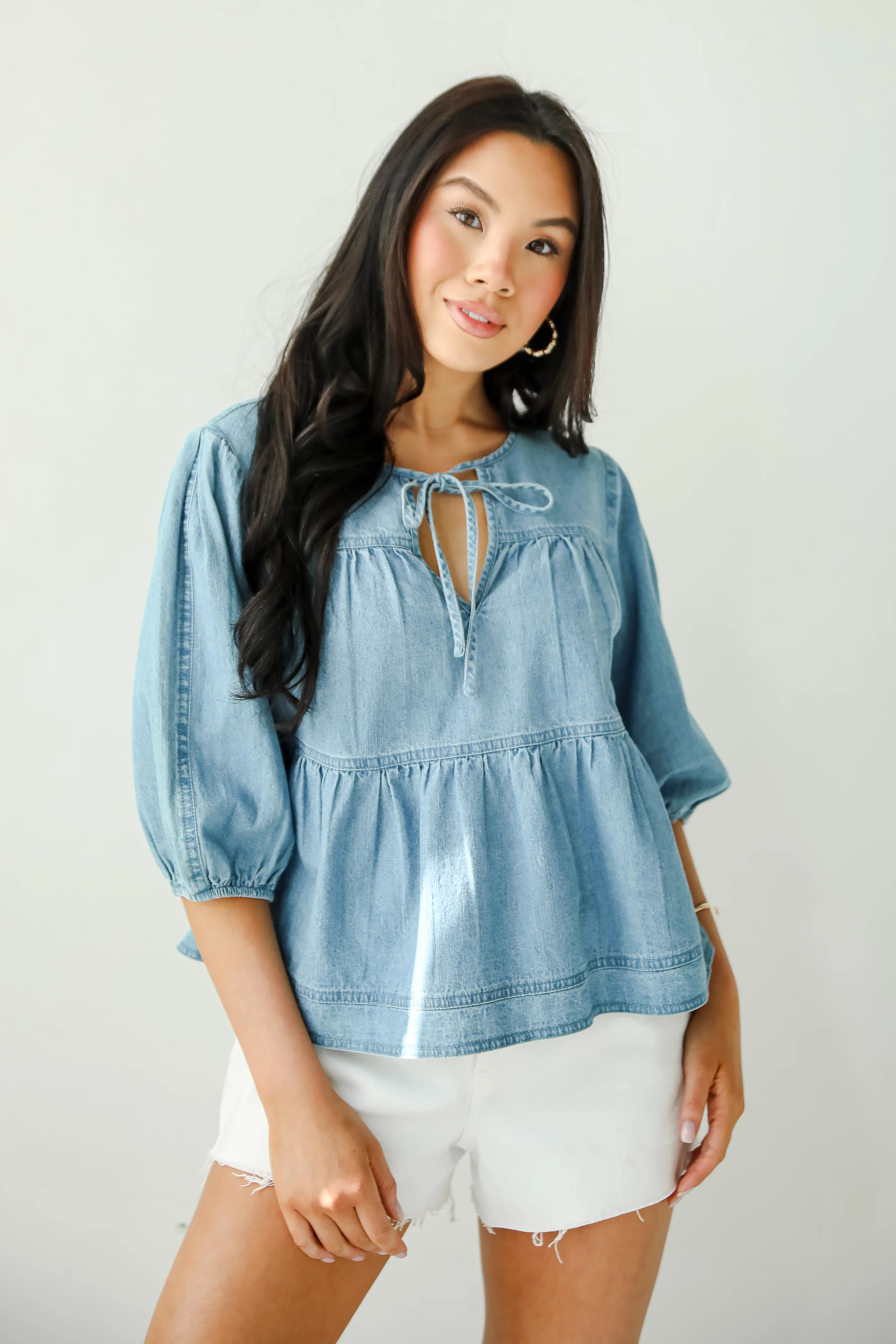 Cute Washed Denim Babydoll Blouse | Babydoll Tops | Dress Up | Dress Up