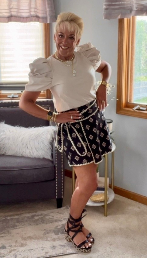 Tie Waist Skort
Puffy Sleeve Tshirt
Lace Up Sandals