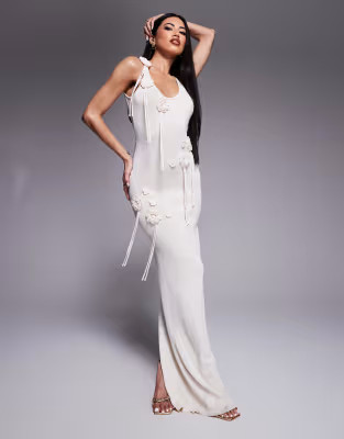 Wanderdoll Lillie knitted scoop neck corsage tassel detail maxi dress in vanilla | ASOS (Global)