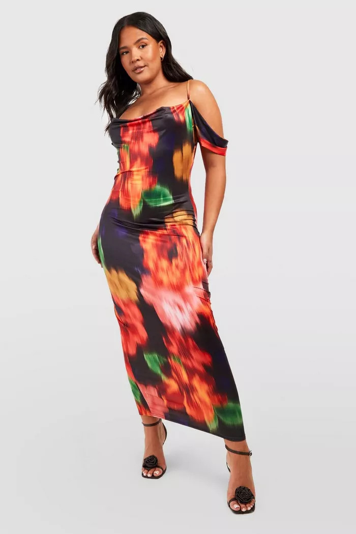 Plus Slinky Floral Cold Shoulder Maxi Dress | Boohoo.com (US & CA)