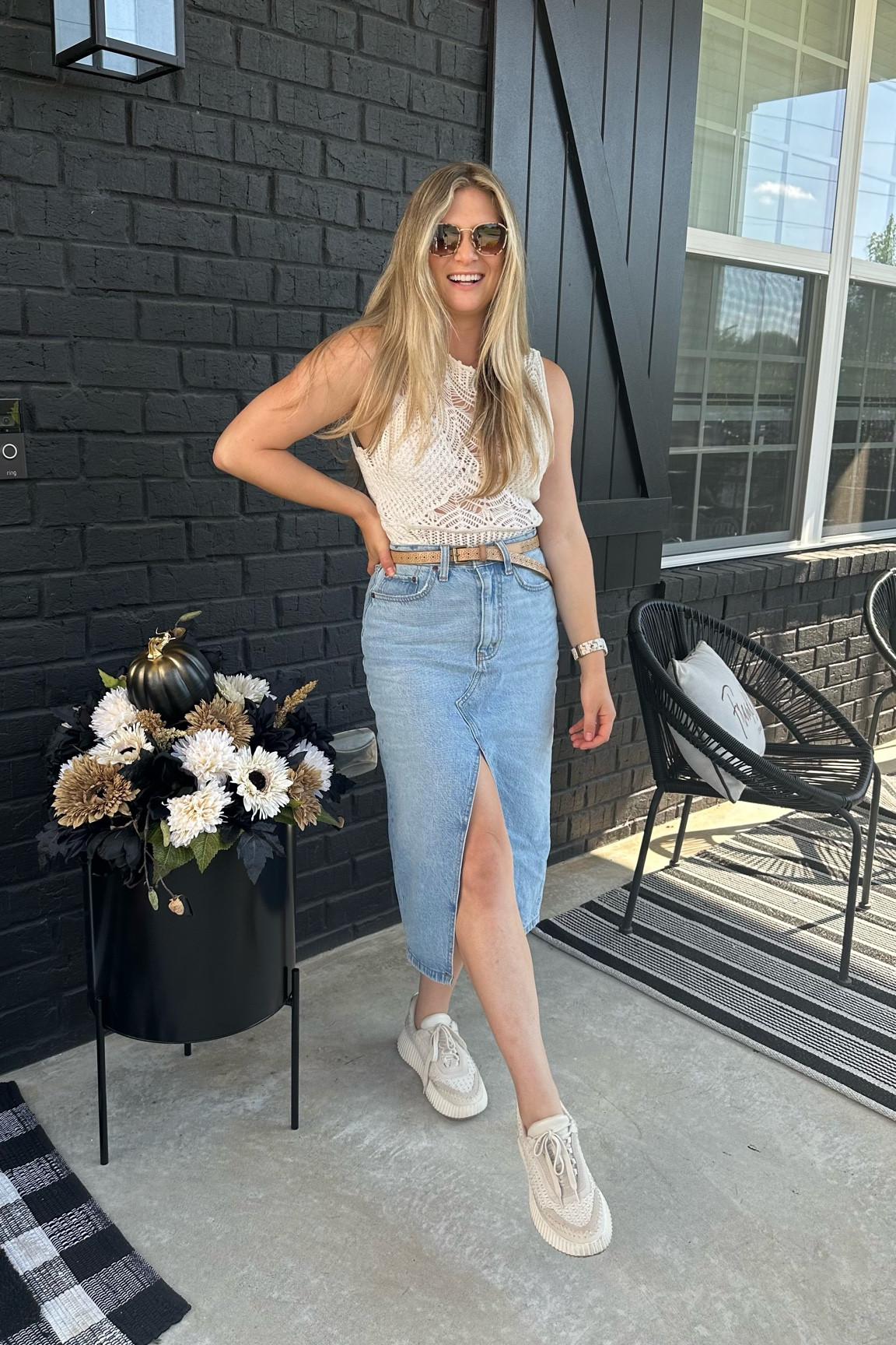 Abercrombie ltk sale 
Denim midi skirt with slit wearing 26 petite, runs big so if in between size down (had to wear with belt bc I didn’t size down)
Checker tank top 
Dolce vita dolen sneakers target similar sneakers look for less 
20% off 

#LTKshoecrush #LTKxAFeurope #LTKSale