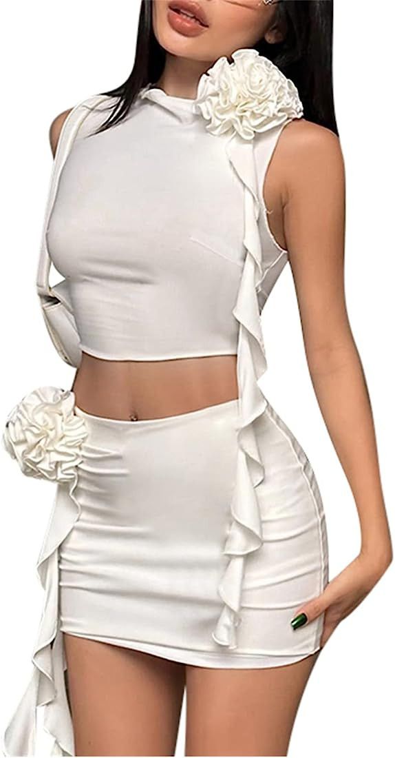 Women Y2k 2 Piece Skirt Set Ruffle Ruched Sheer Mesh Tank Top Slim Fit Irregular Fringe Maxi Skir... | Amazon (CA)
