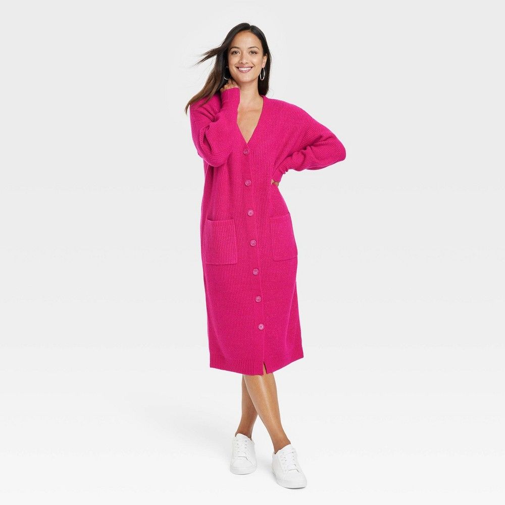 Women's Long Sleeve Button-Front Sweater Dress - A New Day Pink M | Target