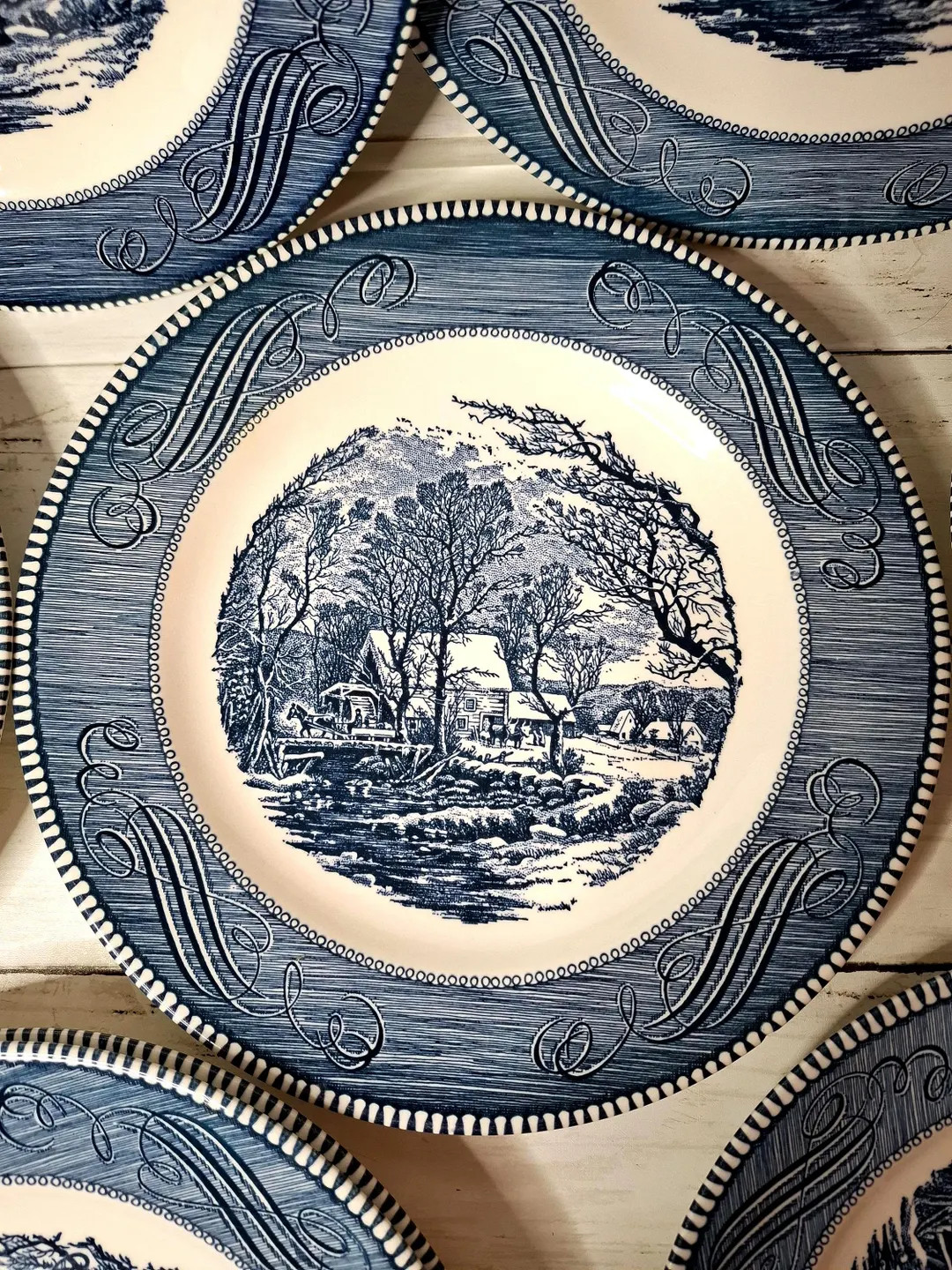 Vintage Currier and Ives Blue 10 Inch Dinner Plates, Set of 8, Various Backstamps, with Imperfect... | Etsy (US)
