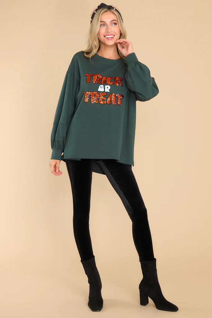 Only Here For Treats Hunter Green Top | Red Dress 