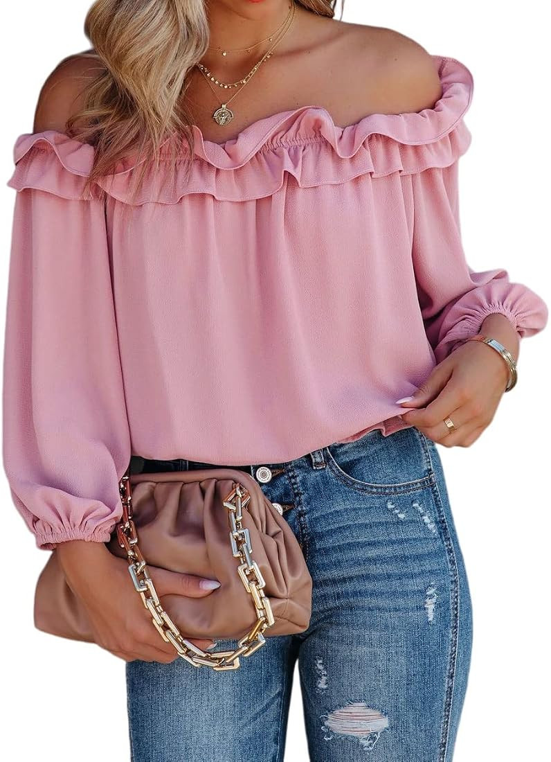 Womens Casual Off Shoulder Tops Long Sleeve Ruffle Flowy Chiffon Blouses Shirts | Amazon (US)