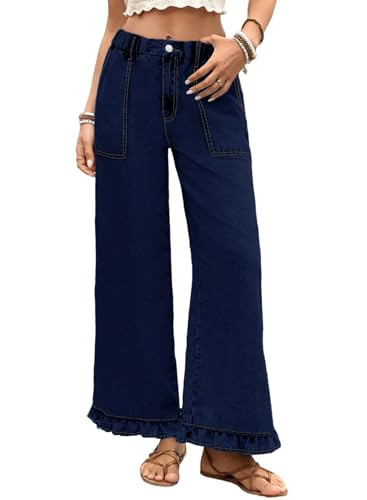 Astylish Women's Wide Jeans High Waisted Stretchy Straight Leg Boyfriend Jean Loose Ruffle Raw Hem Ankle Denim Summer Pants for Women Navy Blue Size 6 | Amazon (US)