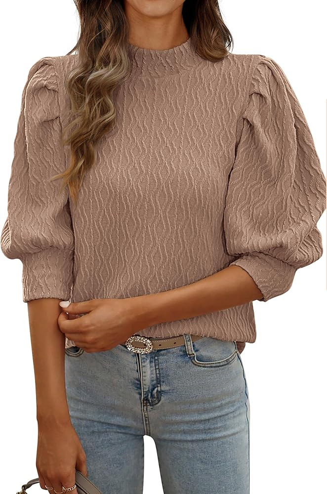 PRETTYGARDEN 3/4 Sleeve Tops for Women 2024 Dressy Casual Mock Neck Puff Texture Blouse Knit Work... | Amazon (US)