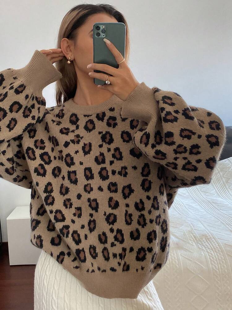 DAZY Loose Fit Casual Business Style Leopard Print Crew Neck Knit Sweater For Women, Autumn/Winter | SHEIN