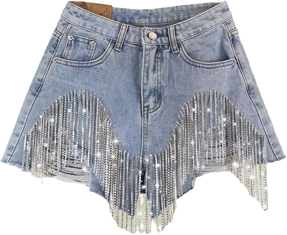 Denim Patchwork Diamond Tassel Shorts for Women, Female High Waist Casual Hole Shorts | Amazon (US)