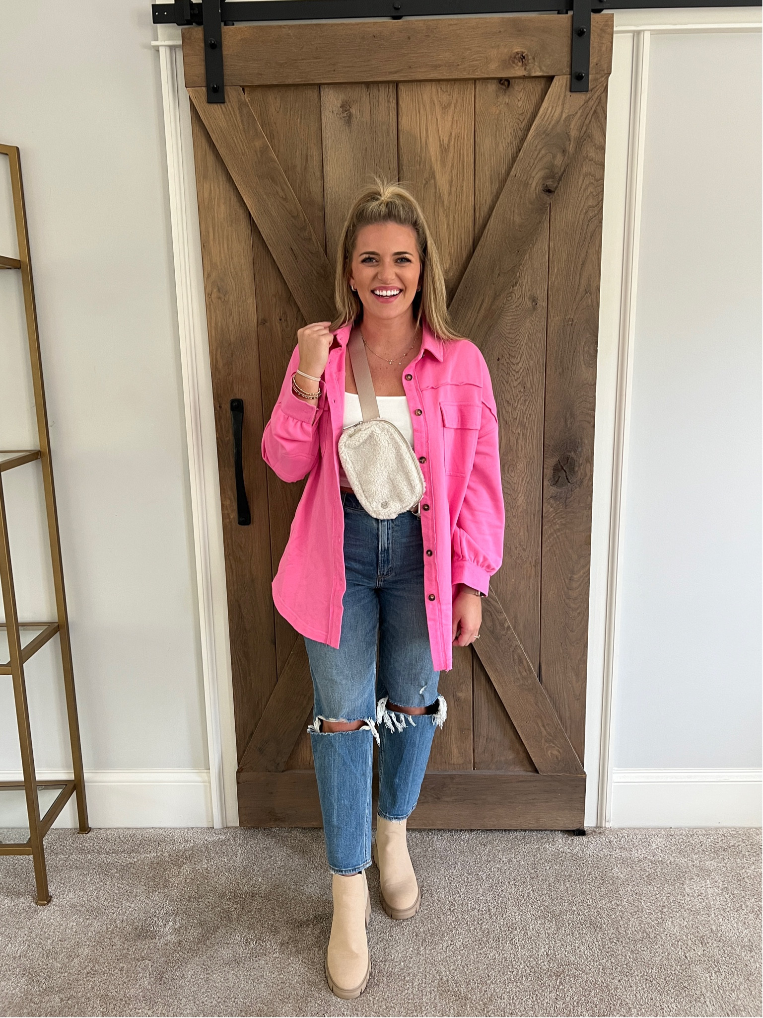 Pink shirt jacket tts - M 
White tank tts - M 
Jeans tts - 28 reg 
Boots tts 
Sherpa belt bag 

#LTKunder50 #LTKsalealert #LTKshoecrush