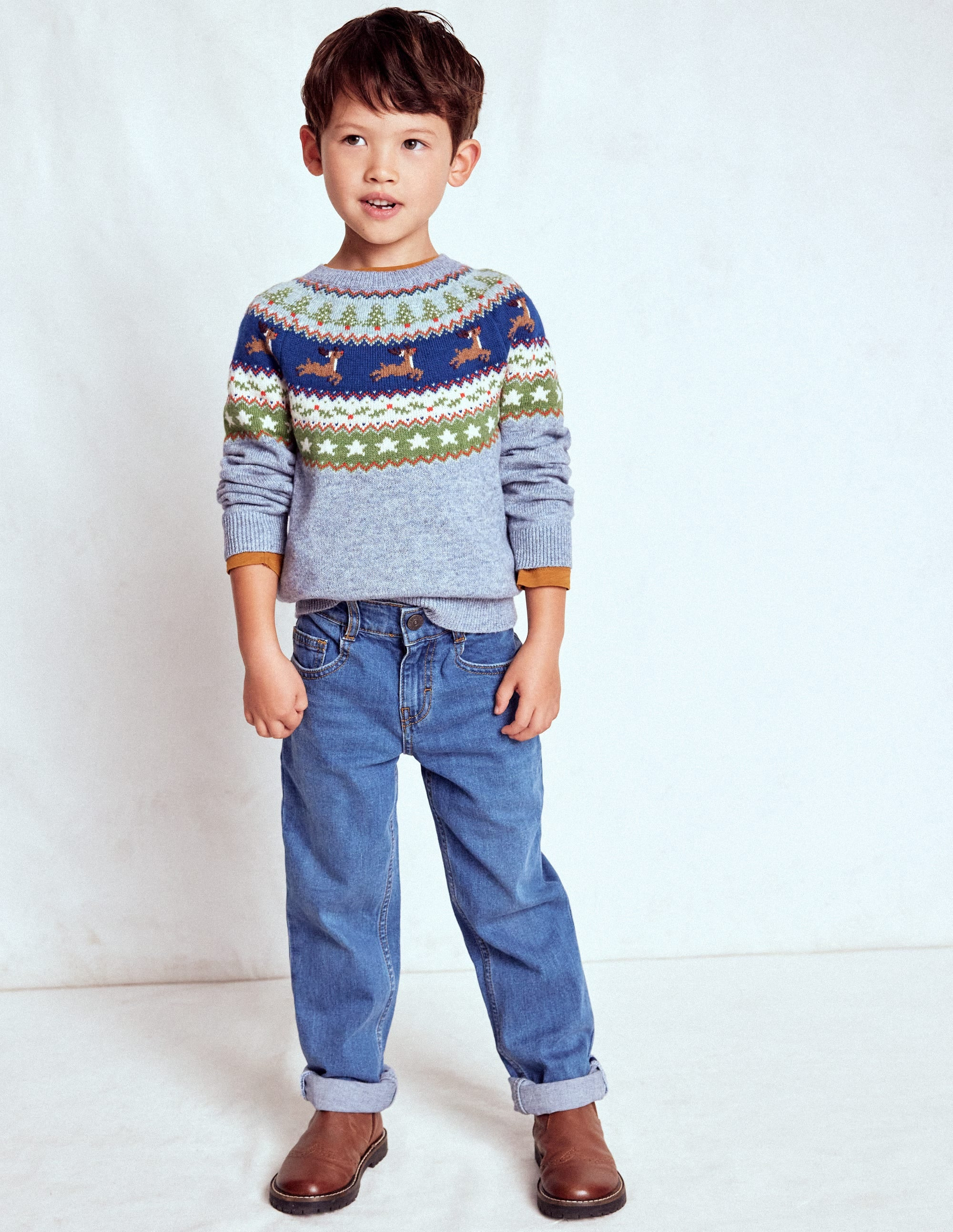 Fair Isle Jumper-Glacier Blue Reindeer | Boden (US)