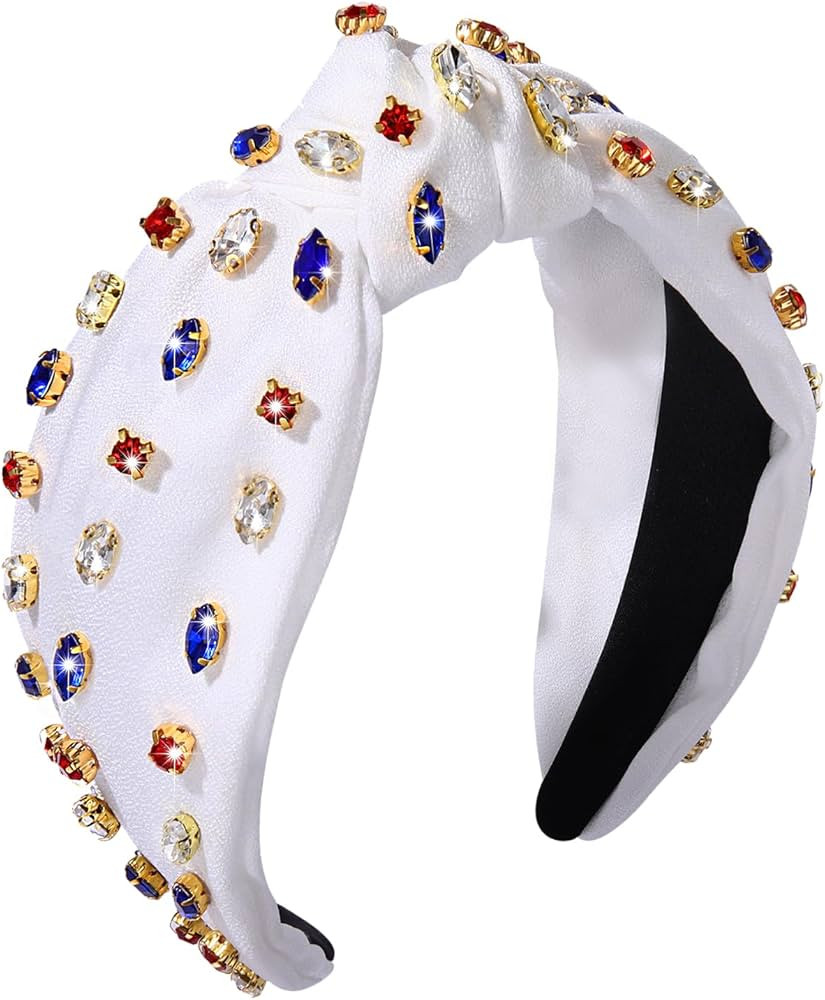 NVENF 4th of July Headbands Crystal Knotted Headbands for Women, Beaded Jeweled Headbands, Wide T... | Amazon (US)