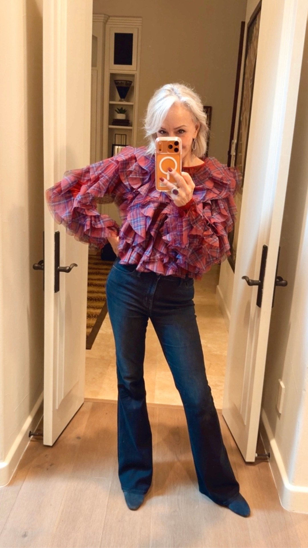 Dolan Left Coast Ruffle Plaid Crew-Neck Blouse at Anthropologie. This top sold out now restocked.
Frame bootcut jeans. I also love the Levi’s bootcut jeans. 

#LTKOver40 #LTKFindsUnder100 #LTKHoliday