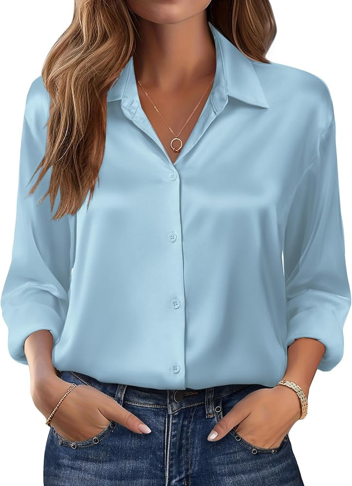 Zeagoo Womens Tops Long Sleeve Satin Silk Button Down Shirts Casual Business Dressy Blouses Fall ... | Amazon (US)