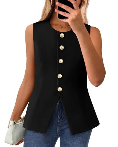 BTFBM Summer Sleeveless Blazer Vest For Women Dressy Button Down Round Neck Business Casual Outfits Work Suit Vests Tops(Black, Medium) | Amazon (US)