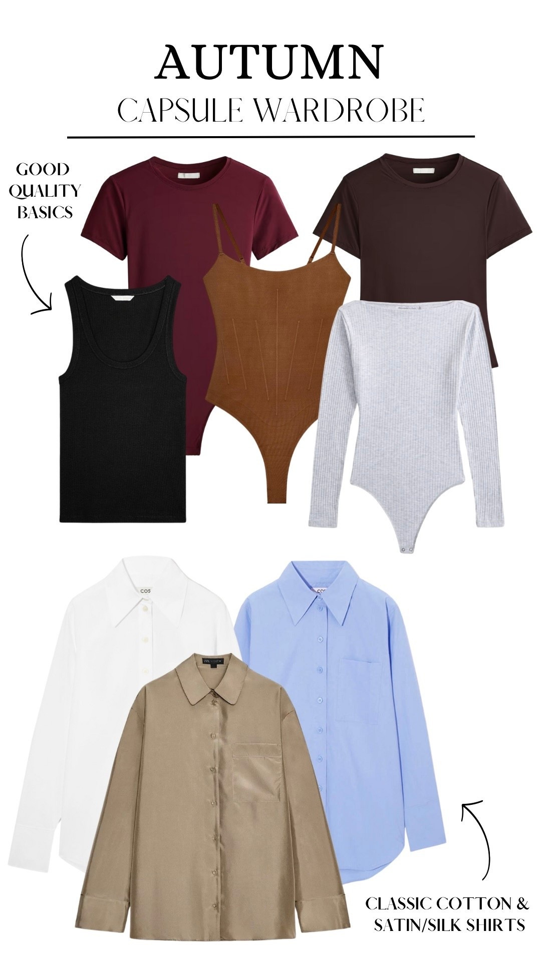AUTUMN CAPSULE WARDROBE 
Good basic tees + bodysuits 
Silk/satin shirts 👔 

#LTKstyletip #LTKautumn #LTKworkwear