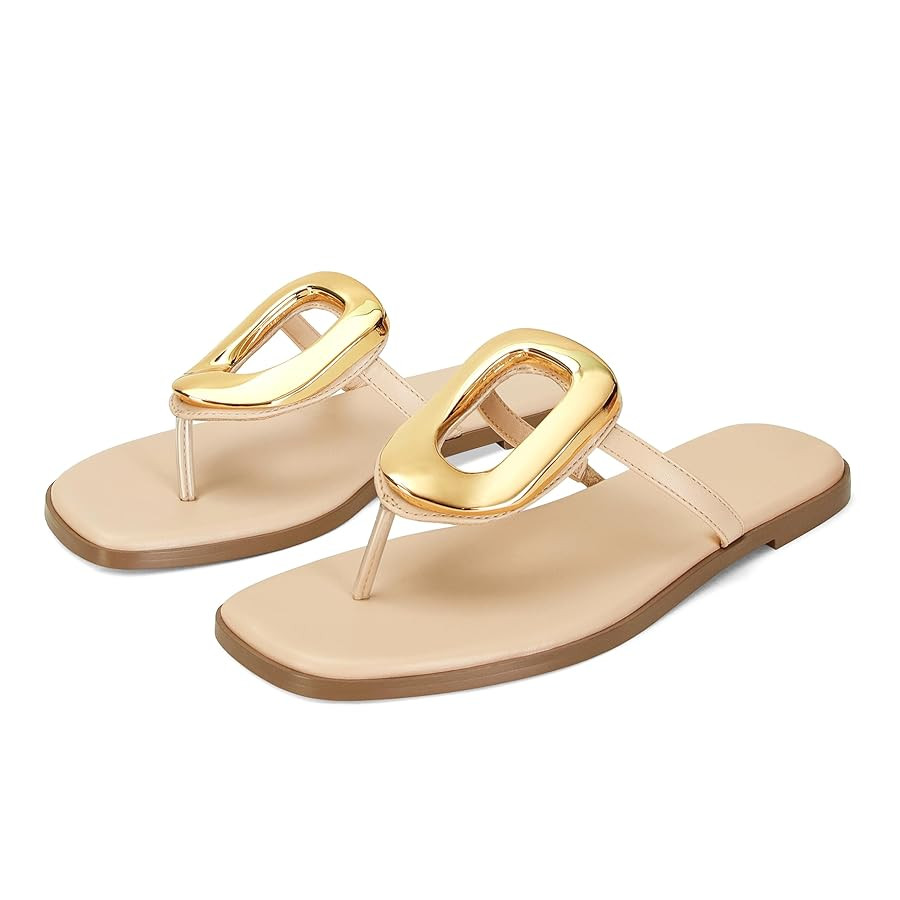 Flip-Flops for Women Thong Sandals Flat Black Slip on Slides Leather Beach Comfort Open Square To... | Amazon (US)