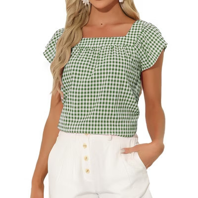 INSPIRE CHIC Women's Summer Square Neck Gingham Cap Sleeve Blouses Green White X-Small | Target