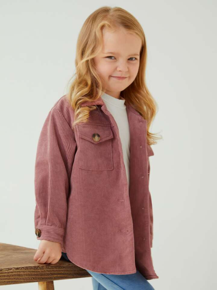 SHEIN Kids EVRYDAY Toddler Girls Flap Pocket Drop Shoulder Corduroy Coat | SHEIN