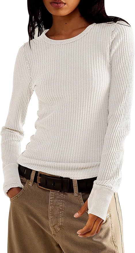 Women's Waffle Knit Tops Long Sleeve Shirts Casual Slim Fitted Crew Neck Pullover Shirts | Amazon (US)