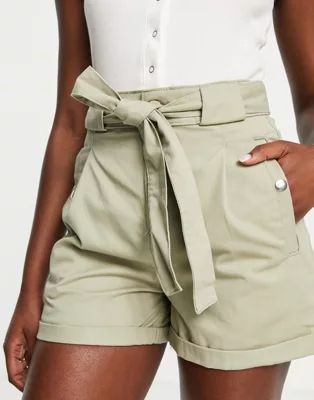 Miss Selfridge tie waist paperbag denim shorts in sage green | ASOS (Global)