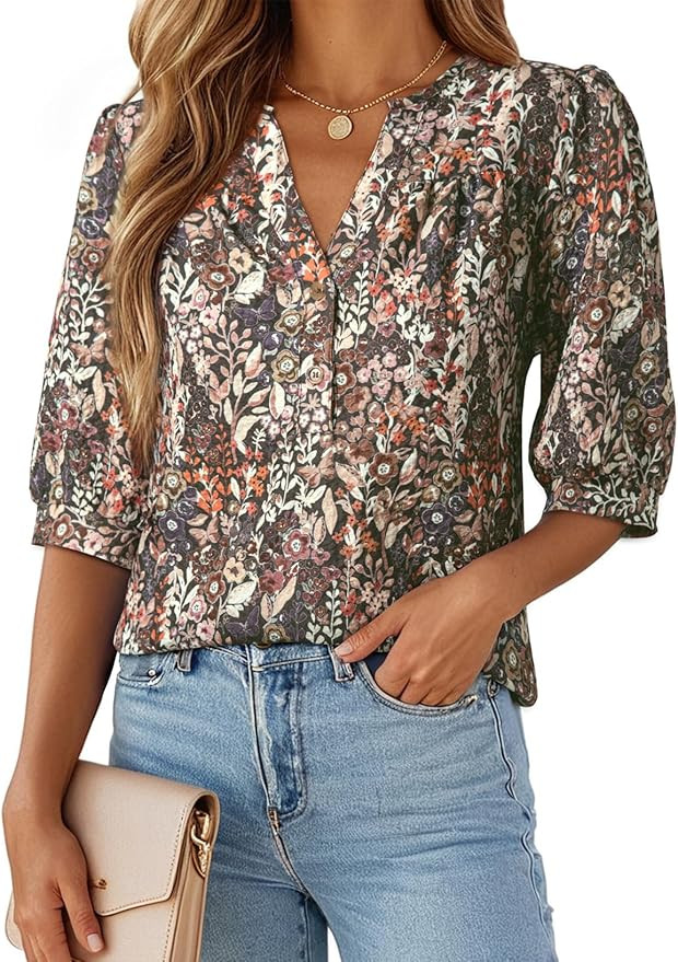 Dokotoo Women's 3/4 Length Sleeve Womens Tops Dressy Casual Blouses V Neck Shirts | Amazon (US)