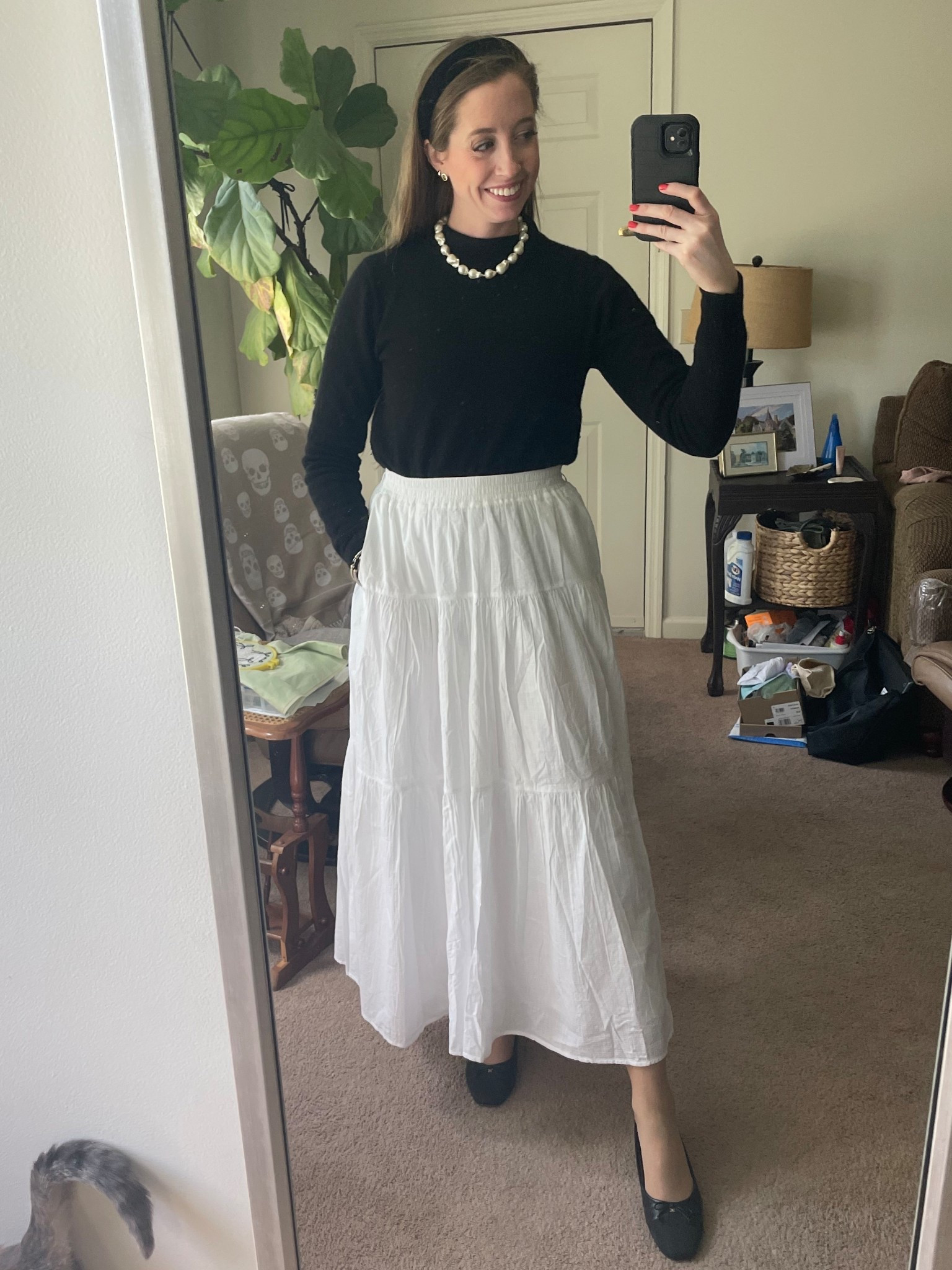 Spring transitional workwear outfit! 
Office outfit of the day 
White maxi skirt
Black ballet flats 
Black cashmere sweater 

#LTKSeasonal