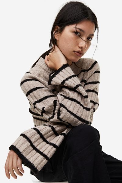 Rib-knit Sweater - Taupe/striped - Ladies | H&M US | H&M (US + CA)