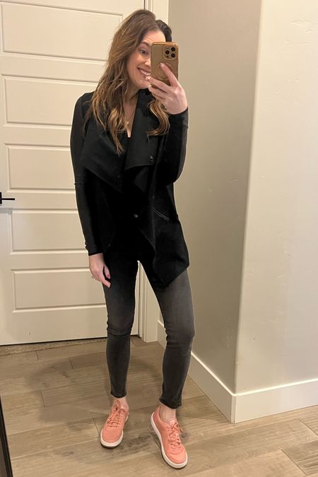 Jeans outfit with Nike sneakers and Spanx drape jacket and skims dupes bodysuit from Target  

#LTKstyletip #LTKunder50 #LTKFind