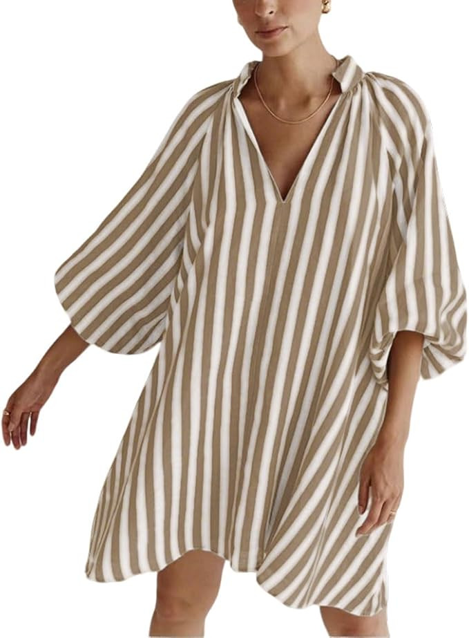 CHARTOU Women Summer Striped Beach Vacation Mini Dress 3/4 Sleeve Boho Chic Outfits Tunic Shift D... | Amazon (US)