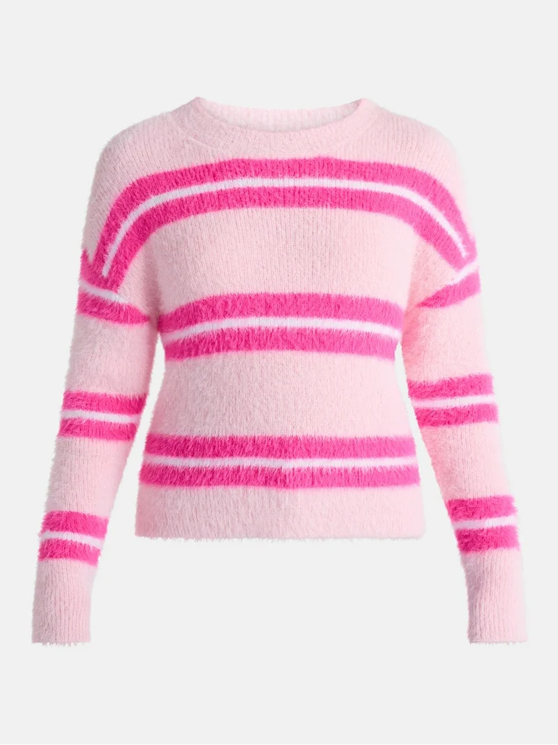 No Boundaries Striped Feather Sweater, Women's & Women's Plus | Walmart (US)