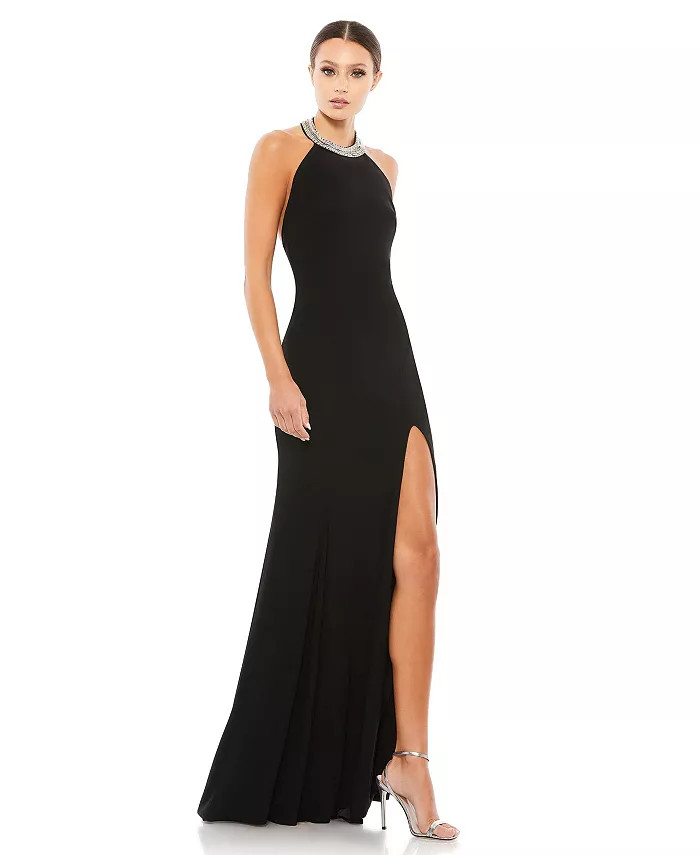 Women's Ieena Beaded Halter Jersey Evening Gown | Macy's