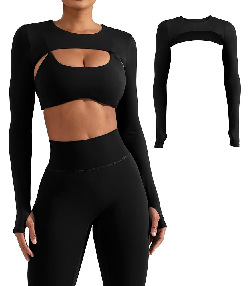 YEOREO Women Crop Top Long Sleeve Bolero Open Front Workout Cropped Shirts Sports Shrug | Amazon (US)