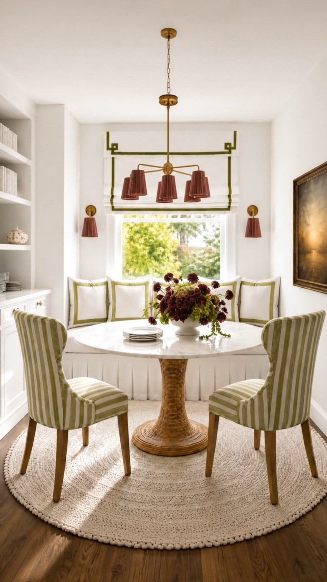 A kitchen nook is the perfect place to let color stand out against a soft, airy interior. I love how the warm white walls create a quiet backdrop for richer tones like burgundy and crimson in the floral arrangement, while the green striped dining chairs and border-frame pillows keep the room feeling bright and relaxed.

The vintage-inspired chandelier and matching wall sconces add so much character, especially paired with the tailored Roman shade. The Serena & Lily Southampton Dining Table brings in beautiful natural texture with its wrapped rattan pedestal and marble top, while the round woven rug, skirted dining bench, and layered pillows make the nook feel comfortable and inviting.

And with Serena & Lily’s Labor Day Sale offering up to 40% off, it’s a great time to refresh a kitchen nook with dining furniture, lighting, rugs, pillows, and more before fall.

#KitchenNook #BreakfastNook #SerenaAndLily #LaborDaySale #SerenaAndLilySale #SouthamptonDiningTable #DiningTable #DiningChair #StripedChair #DiningBench #SkirtedBench #RomanShade #Chandelier #WallSconce #VintageInspiredLighting #RoundRug #RattanRug #BorderPillow #FlowerArrangement #KitchenDesign #DiningRoomDesign #LTKHome

#LTKdayinmylife #LTKHome #LTKSaleAlert