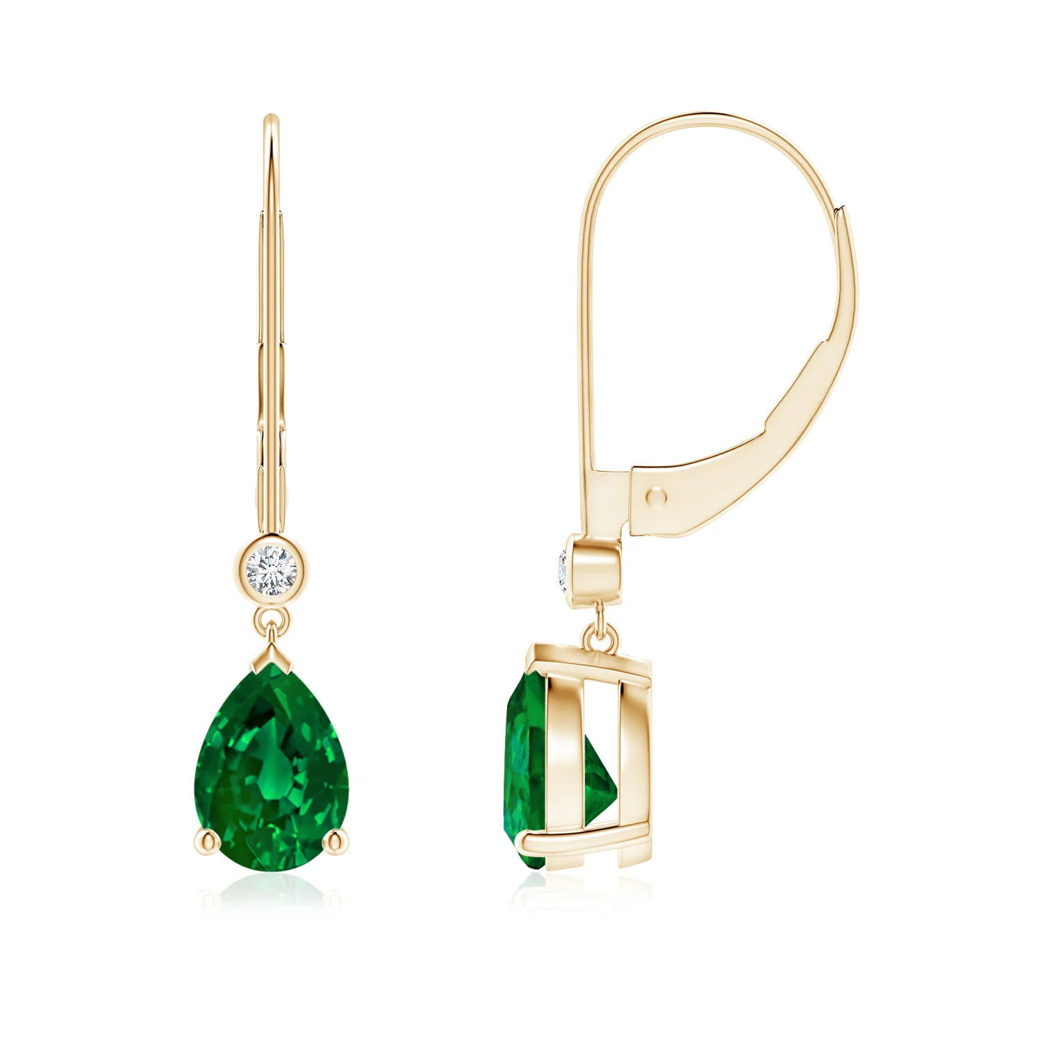 Lab-Grown Pear-Shaped Emerald Leverback Drop Earrings with Lab Diamond | Angara | Angara US